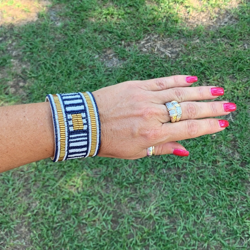 Blue & Gold Beaded Cloth & Metal Cuff Bracelet - Picture 3 of 17